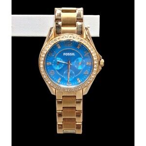Fossil Watch Womens Riley ES3369 Rose Gold Blue Face Swarovski NEW BATTERY!